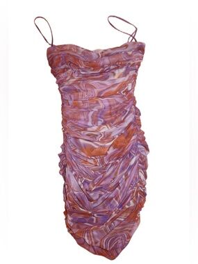 House Of CB Mini Dress Purple Swirl Ruched Organza Mesh 2021 Resorts Collection